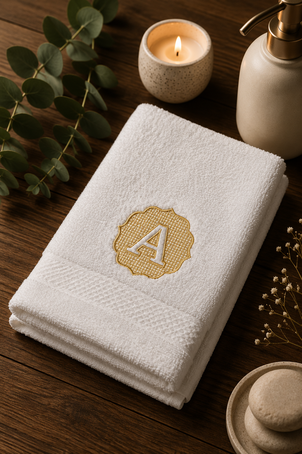 Trayanov-havliq-hotel-peach-white-monogram Бяла луксозна хавлия с бродирана монограма буква A