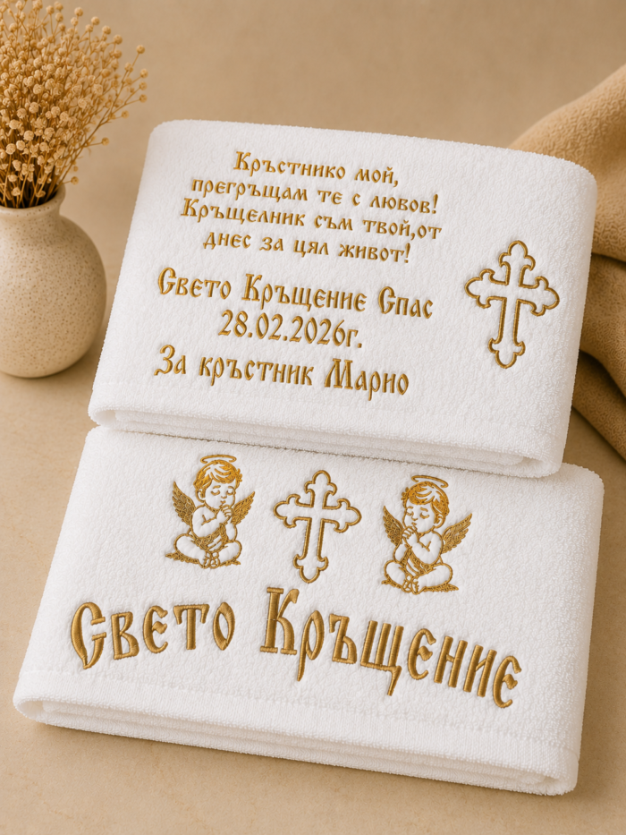 „Бродирана хавлия за кръстник със златен надпис и религиозни символи“