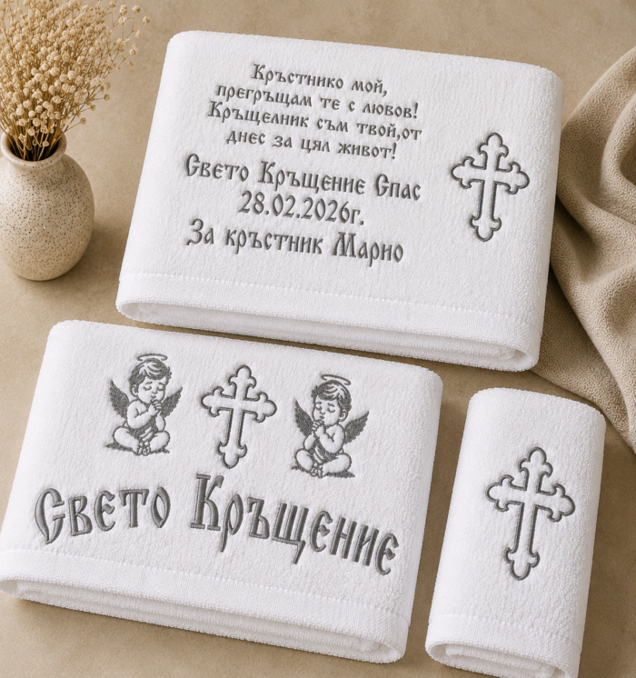 „Бродирана хавлия за кръстник със златен надпис и религиозни символи“