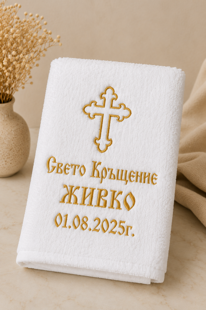 „Персонализирана хавлия за кръщене със златна машинна бродерия“