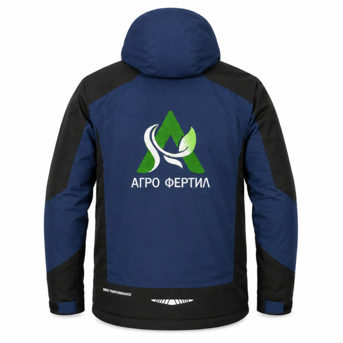 Работно яке с качулка и фирмен дизайн в синьо и черно
