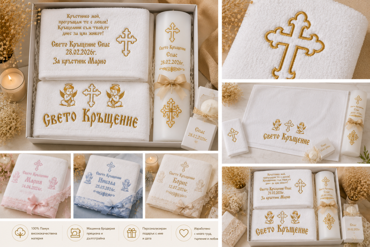 Персонализирана хавлия за Свето кръщение с машинна бродерия от Trayanov