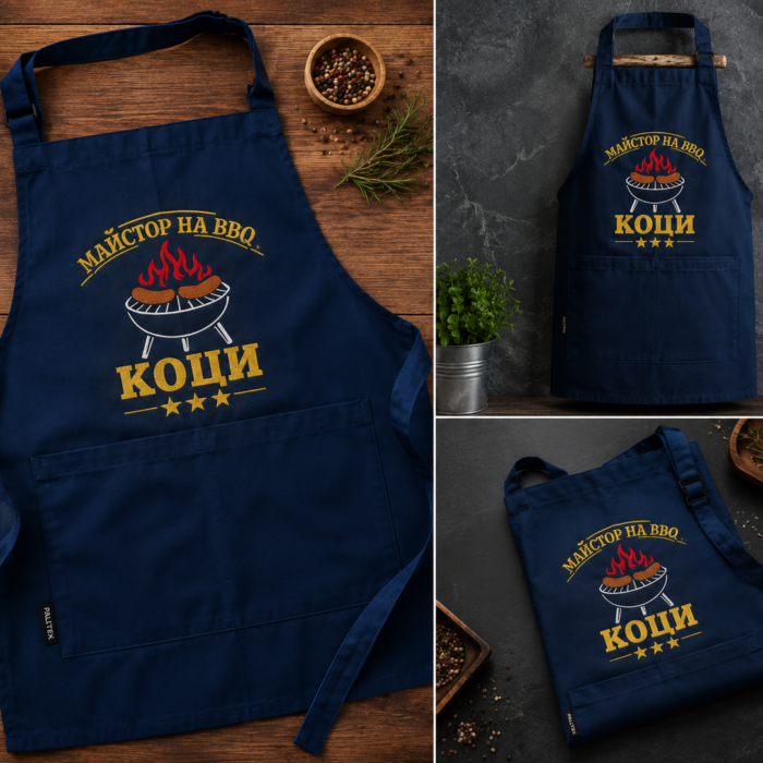 Персонализирана тъмносиня BBQ престилка с бродерия и име Коци