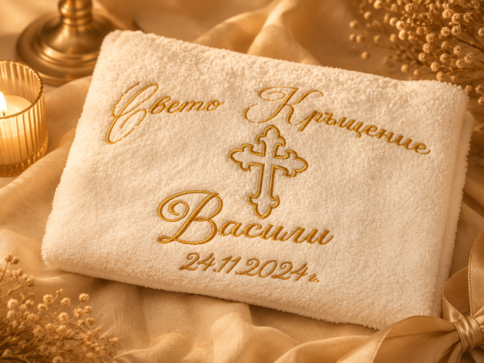 Комплект хавлии за кръщене с персонална бродерия на име, дата и кръст