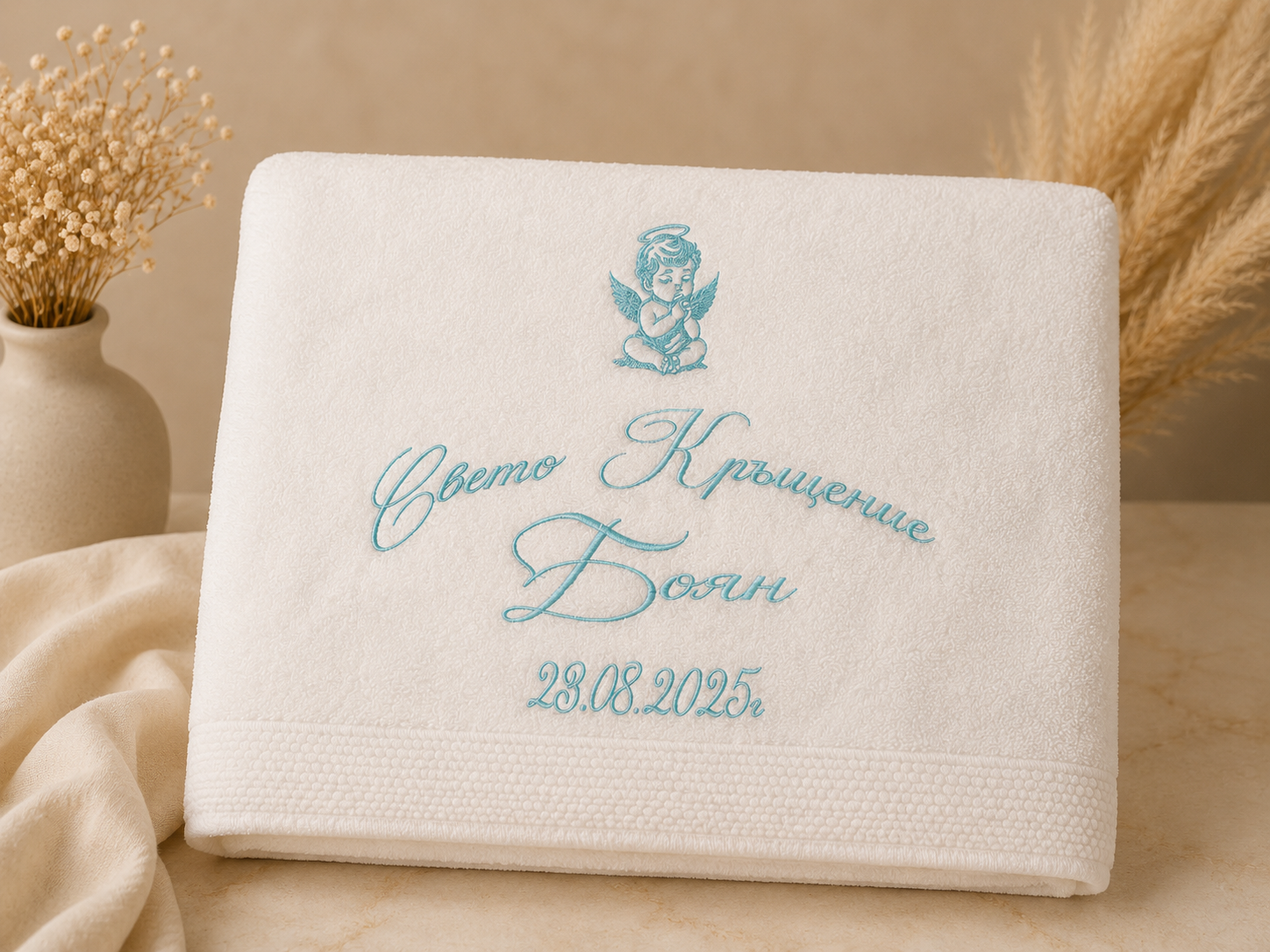 Хавлия за кръщене с персонална бродерия Персонализирана хавлия за кръщене с бродирано име, дата и ангел