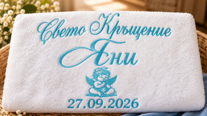 Нежно бродирано ангелче в тюркоазен цвят върху хавлия за кръщене