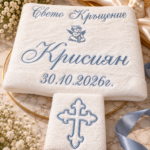 Комплект хавлии за кръщене с ангелче и кръст