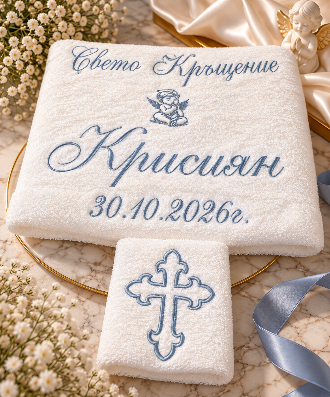 Комплект хавлии за кръщене с ангелче и кръст