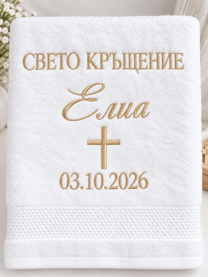 Златист бродиран кръст и дата 03.10.2026 г. върху хавлия за кръщене