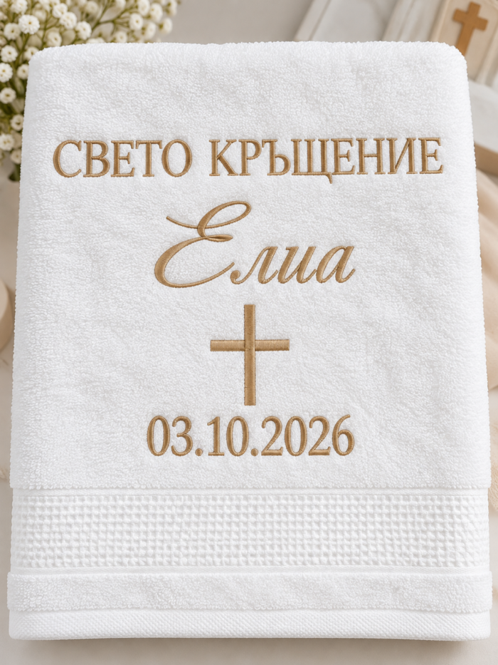 Бяла хавлия за кръщене с декоративен бордюр и златиста персонална бродерия