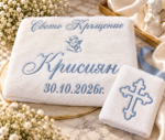 Комплект хавлии за кръщене с ангелче, кръст и синя персонална бродерия