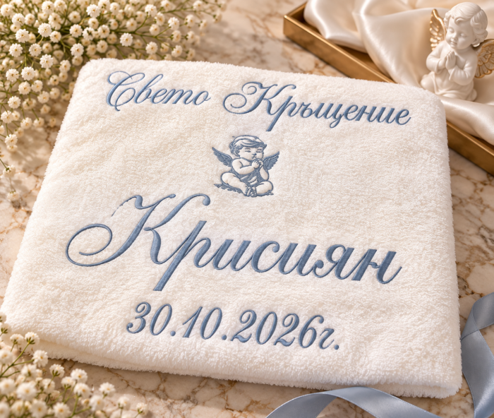 Детайл на бродирано ангелче върху хавлия