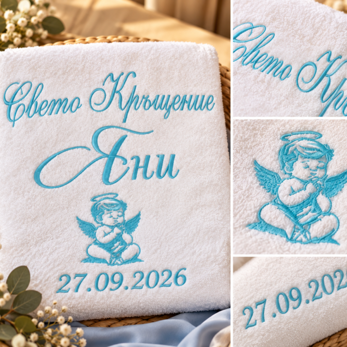 Хавлия за кръщене с ангелче и тюркоазена бродерия на име Яни